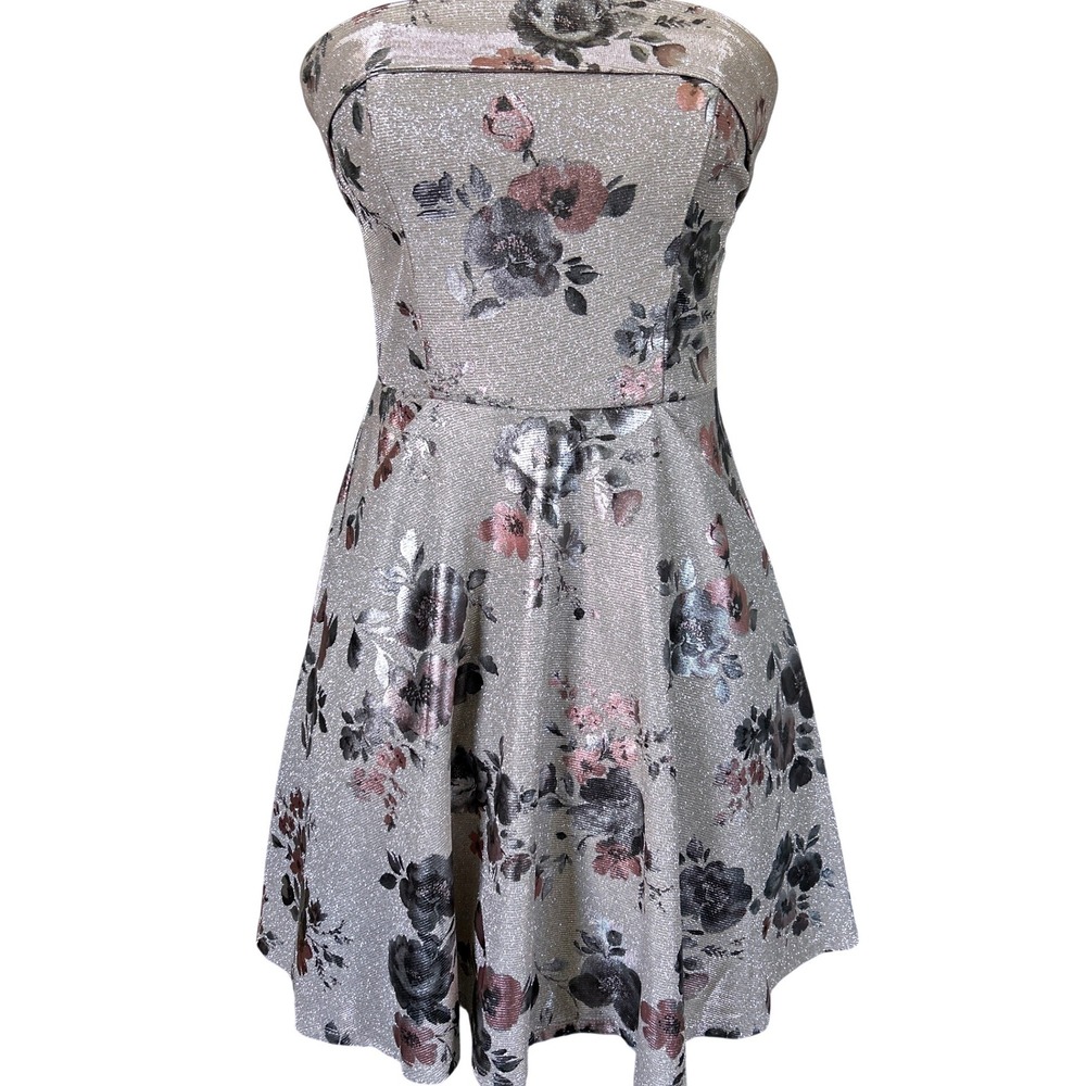 City Studio Strapless Dress Women Size 5 Champagne Metallic Floral Fit and Flare